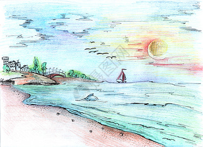 插图-铅笔在日落时绘制的海景图片