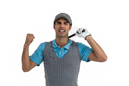 胜利后高尔夫球手的肖像运动员专注拳头娱乐运动运动服播放器成功爱好男人图片