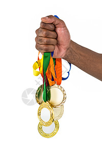 胜利后拥有金牌的运动员奖牌徽章丝带播放器荣誉成就竞赛锦标赛运动服男人图片