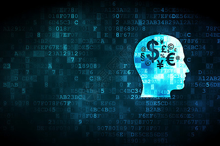教育概念头与数字背景上的金融符号展示数据电脑学习货币训练头脑蓝色思考辅导图片