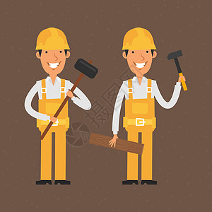 两个建筑工人拿着锤子笑着微笑图片