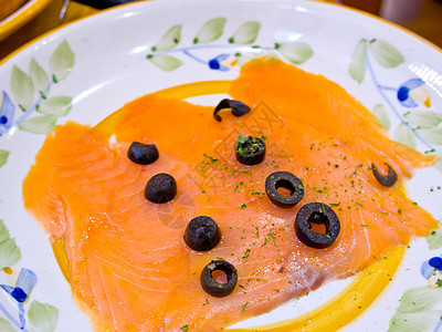 挪威烟熏鲑鱼餐厅草本植物烹饪鱼片美食起动机海鲜小吃产品盘子图片