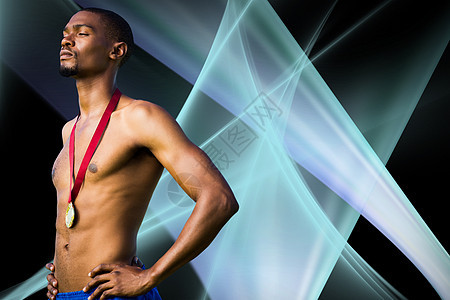 运动男子的混合形象 与他的金牌相配广告牌黑色成功计算机勋章紫色屏幕绿色蓝色金子图片