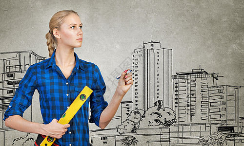 女工程师画出她的想法金发制造业承包商维修工人房子员工样板蓝色工匠图片