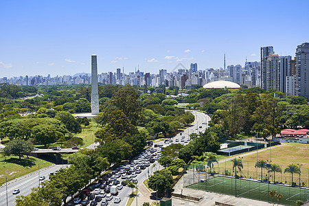 巴西圣保罗市Ibirapuera公园天线场景景观基础设施旅行天空大街市中心蓝色交通图片