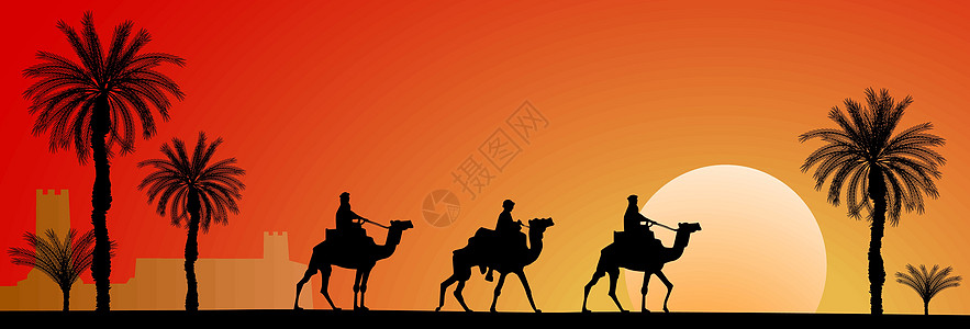 骆驼商队景观黑色沙漠团体大篷车动物红色日落插图太阳图片