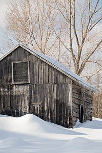 雪白的老木屋谷仓 有冰棒冰柱乡村农村农场先锋家园木板建筑国家阳光图片