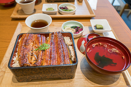 大米 乌拿胡瓜 日本菜豆盘子泡菜餐厅筷子营养酱油食品午餐鳗鱼用餐背景图片