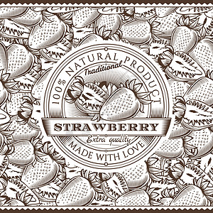 无缝图案上的复古草莓标签木刻农场绘画包装插图水果蜜饯果汁餐厅食物图片