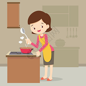 妇女在厨房做饭女人食物卡通片母亲烹饪火炉炊具主妇家庭盘子图片