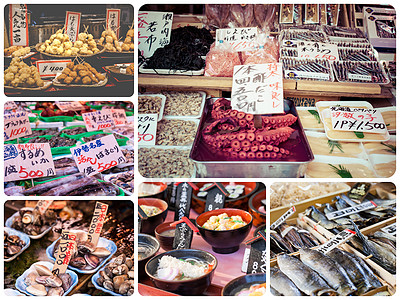 日本食品图像拼凑  旅行背景我的照片盘子海鲜市场红色绿色面条寿司标签美食白色图片