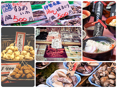 日本食品图像拼凑  旅行背景我的照片拼贴画市场美食盘子海鲜绿色白色面条寿司标签图片