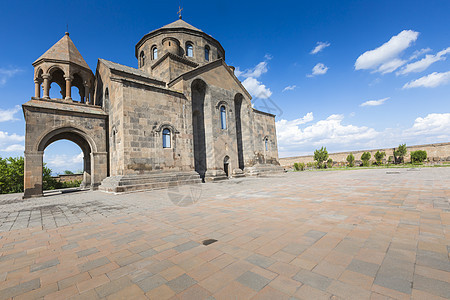 亚美尼亚Echmiadzin古教会圣赫里皮希米古教堂利基建筑建筑学文化阳光十字形蓝色天炉宗教市场背景图片