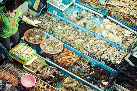 Noryangjin渔业批发市场 广泛批发和再乌贼寿司展示水产海鲜食物头足类动物章鱼市场图片