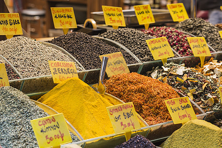 土耳其伊斯坦布尔香料集市的多彩调味品旅行旅游美食烹饪食物胡椒香菜辣椒草本植物零售图片
