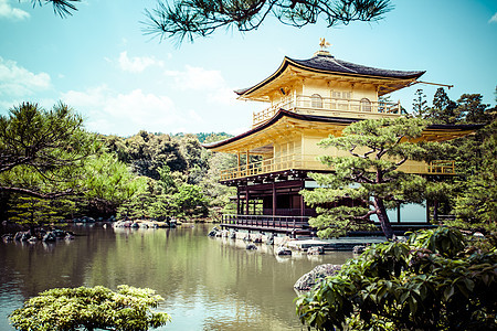 京都著名的金金馆日本旅游地标金子水池休息城市旅行神社木头森林图片