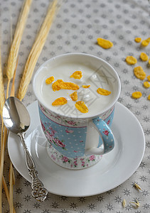 一杯酸奶加麦片小麦燕麦牛奶勺子奶油小吃杯子耳朵食物玉米片图片