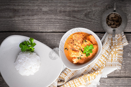 鸡咖咖和大米晚餐蔬菜饮食水平香菜小菜乡村文化食物主食背景图片