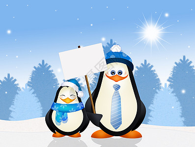 冬天有趣的企鹅明信片父亲哺乳动物插图儿子图片