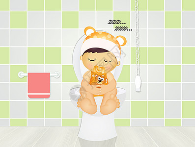儿童上厕所浴室插图玩具熊学习船尾玩具卫生纸洗手间婴儿洗澡背景图片