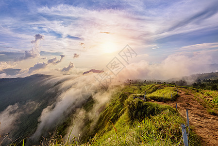 泰国Phu Chi Fa森林公园日落人行道橙子森林阳光旅行环境风景旅游踪迹蓝色图片