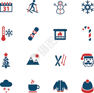 冬季图标 se温度计雪花雪人滑雪板壁炉滑雪者山脉夹克杯子日历图片
