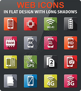 智能手机规格简单图标技术全球相机处理器定位电池系统网络上网触摸屏图片