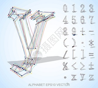 草绘数字和数学符号的矢量插图 手绘 3D 数字和数学符号艺术多边形草图度数阴影乘法字母蓝色算术图片