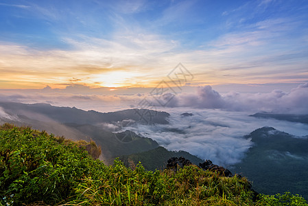 泰国Phu Chi Fa森林公园日出风景橙子蓝色旅游薄雾旅行天空太阳石头阳光图片