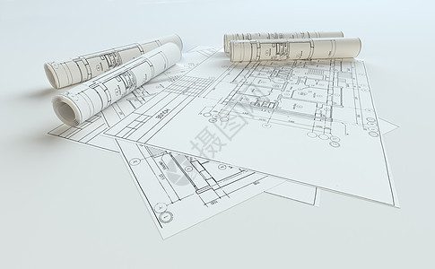 灰色背景上的滚屋蓝图插图建筑学工作图表住宅建筑渲染项目房子草稿图片