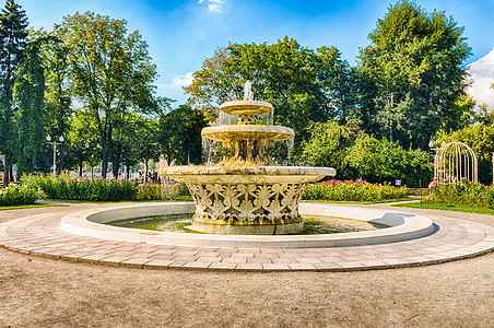 俄罗斯莫斯科高尔基公园内风景喷泉长凳广场首都蓝色娱乐公园入口城市客人建筑学图片