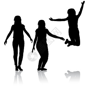 三个年轻女孩用手向上运动跳跃的剪影 它制作图案矢量舞蹈乐趣女性女士幸福快感友谊行动阴影青少年图片