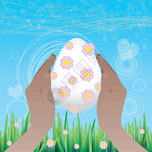 复活节是快乐的 一朵花中的鸡蛋握在手中图片