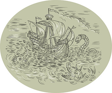 椭圆形绘图海洋艺术品帆船生物画线海龙墨水手工船舶刮板图片