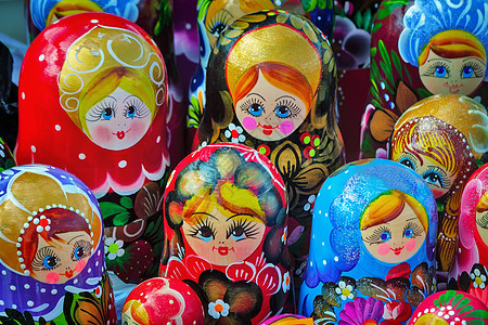 传统的俄罗斯儿童玩具     筑巢娃娃女孩国家装饰品矩阵艺术家庭女性材料样本工艺图片