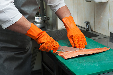 切鲑鱼厨房橙子美食海鲜柜台食物餐厅市场厨师木板图片