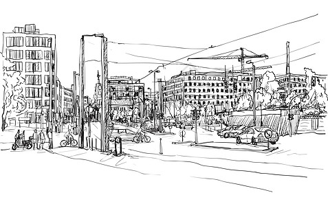 素描柏林街的城市景观与建筑和人民 wa图片