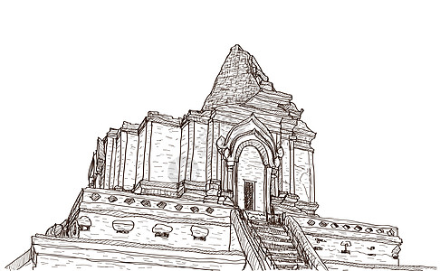 素描旧寺宝塔在建筑佛教徒地标草图建筑学遗产历史装饰品旅行天空图片