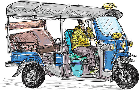 嘟嘟车绘画摩托民众插图旅行旅游三轮车引擎游客摩托车图片