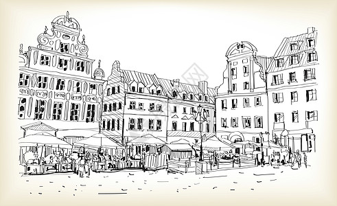波兰市中心 vecto 的城市景观素描草图街道风格旅行村庄白色墨水插图建筑店铺图片