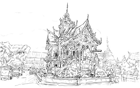 泰国城市景观草图展示亚洲风格的寺庙空间佛教徒假期宗教旅游遗产文化天空素描旅行宝塔图片