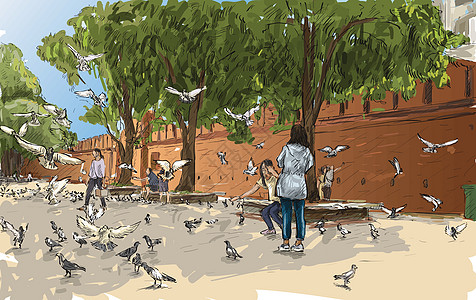 泰国清迈素描城市景观秀门塔佩安市中心地平线文化艺术鸽子绘画鸟类团体旅行地标图片