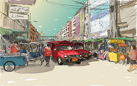 素描清迈的城市景观泰国秀红车当地 tra旅行市场运输旅游销售店铺团体商业场景文化图片