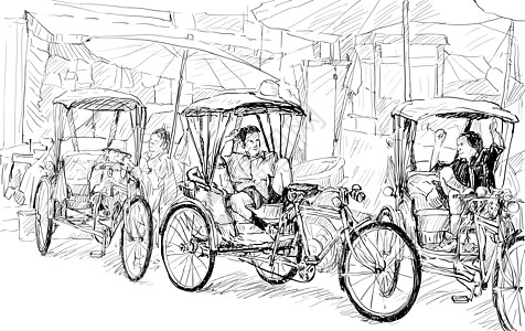 泰国清迈素描城市景观展示当地三轮车绘画运输旅行草图明信片插图吸引力服务自行车车辆图片