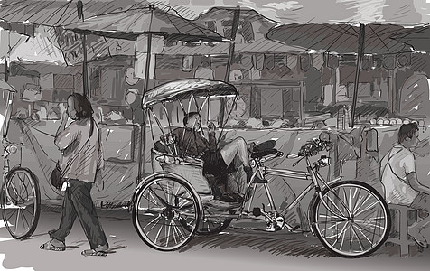 泰国清迈素描城市景观展示当地三轮车文化出租车绘画吸引力草图自行车旅游服务运输明信片图片