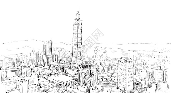 城市景观草图展示台湾台北建筑的城市景观地标卡通片绘画办公室游客摩天大楼天空建筑学场景旅行图片