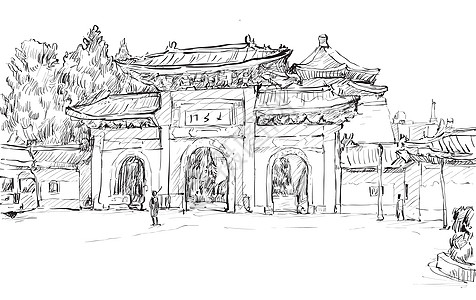 台湾台北城市景观素描展示旧庙门街道场景草图绘画地标旅行宗教天空插图墨水图片