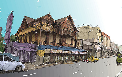 泰国城市景观素描显示街上的老建筑场景历史性地标插图绘画旅游商业卡通片草图艺术图片
