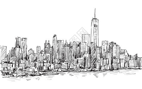 城市景观素描在纽约展示曼哈顿中城与天空反射蓝色全景旅行摩天大楼办公室绘画建筑地标草图图片