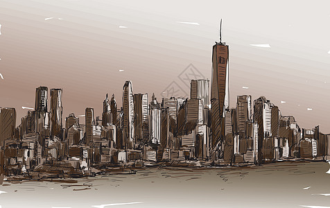 城市景观素描在纽约展示曼哈顿中城与天空插图全景反射天际蓝色旅行摩天大楼建筑办公室草图图片